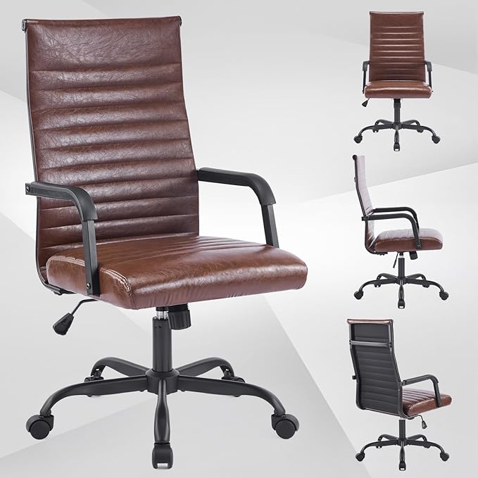 Haranuo Office Chair, Ergonomic Executive Conference Room Chairs, Ribbed Leather Desk Chair with Lumbar Support, Adjustable Height Mid-Back Swivel Chair with Padded Seat and Square Tube Armrests
