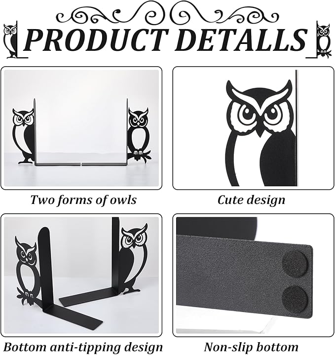 Geelin Owl Bookends for Shelves Decorative Metal Book Ends Set of 2 Styles Vintage Style Black Owl Design Heavy Duty Non-Slip Book Holders for Home Library Office Decor Gift for Reading Lovers