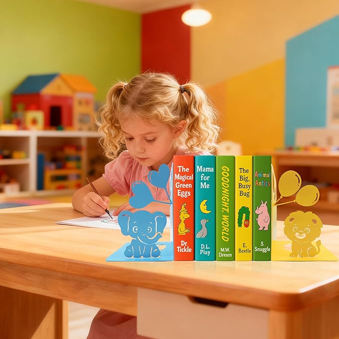 Animal Bookends – Cute Lion and Elephant Book Ends Decorative for Shelves, Safari Nursery Decor Kids Bookends, Unique Novelty Book Holders Heavy Duty Book Stopper for Home Bookshelf Decor