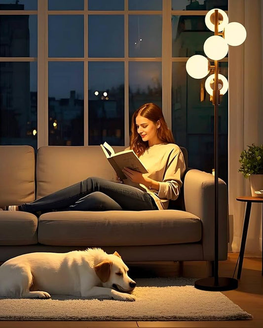 ACOHOOK 64IN Dimmable Black Floor Lamp, Tall Standing Lamps with 5 Globe Soft Warm White Eye Care 3000K G9 Bulbs, Mid Century Modern Floor Lamp for Living Room Bedroom Office