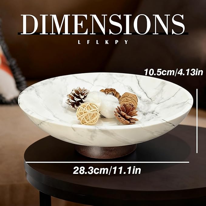 White Marble Decorative Bowl with Acacia Wood Base – 11" Modern Pedestal Fruit Bowl for Table Centerpiece, Entryway or Kitchen Décor