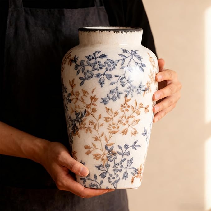 Blue and White Vase, Ceramic Chinoiserie Vase for Home Decor, Vintage Blue Floral Porcelain Vases, Farmhouse Pottery Flower Vase for Living Room Kitchen Table Shelf Mantel, Blue and White Decor Accent