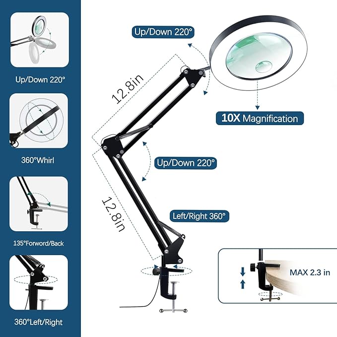 15X &10X magnifying glass with light and stand, 4.3" Real Glass lighted magnifying glass with Clamp, Adjustable Arm Magnifying Lamp, 3 Color Modes Stepless Dimmable Desk Lamp Hands Free for Close Work