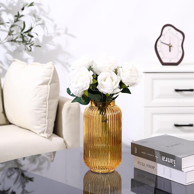 Ribbed Glass Vase, Amber Flower Vase for Bouquet, Glass Vases for Flowers, Modern Vases for Living Room, Bedroom, Kitchen, Dining Table, Office, Wedding, 8.6 Inches