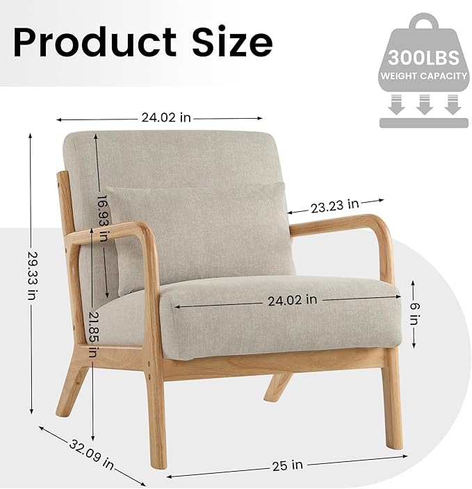 Aunekiv Accent Chair with Pillow Upholstered Mid-Century Chair Living Room Chair for Small Space Solid Wood Frame Reading Chair with Soft and Thick Cushion Armchair for Bedroom Balcony Grey 1PC