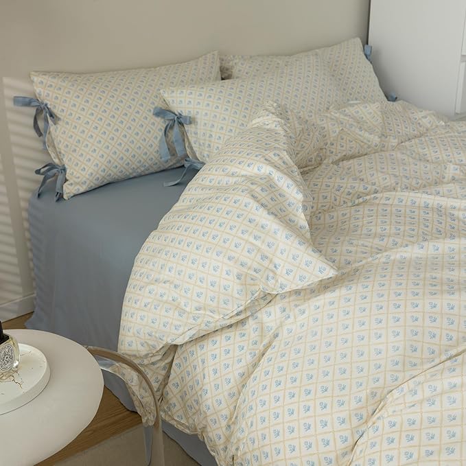 Blue Floral Duvet Cover Full Soft Cotton Garden Style Floral Bedding Comforter Cover Plaid Grid Design Vintage Blue Flower Duvet Cover with 2 Bowknot Pillowcases Botanical Cottagecore Bedding Set Full