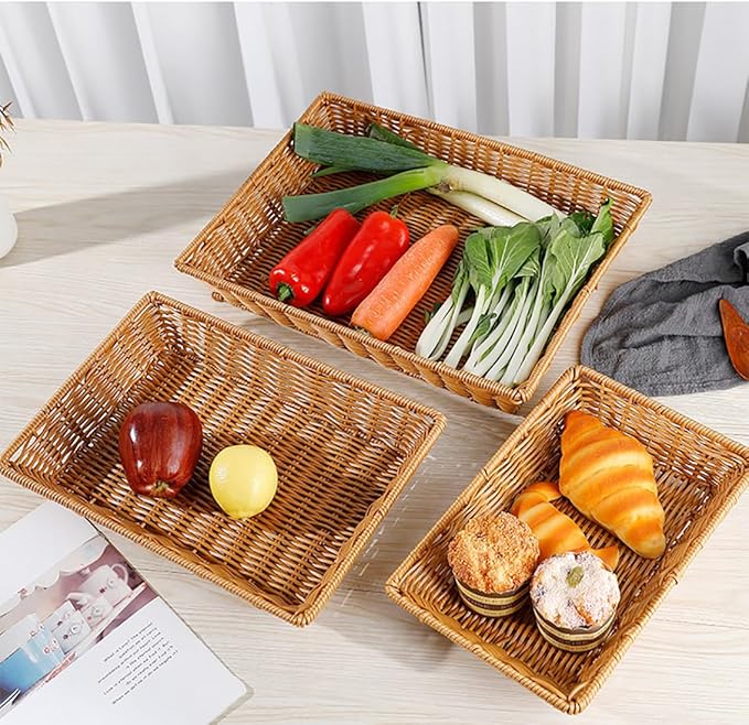 Poly Wicker Bread Basket, Hand Woven Food Storage Room Organizer, Fruits, Vegetables and Snacks Tabletop Food Serving Basket, Restaurant, Hotel Service, Brown (16“2pack)