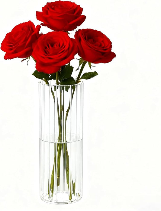Flower Vase, Non-breakable Vase for Flower, Ribbed Acrylic Vase, 4"W x 12"H Tall Clear Cylinder Vases for Centerpieces, Living Room, Dining Table, Office, Bookshelf Decoration Housewarming Gift