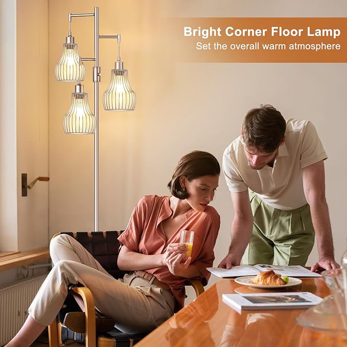 Ziisee Dimmable Floor Lamps for Living Room, Industrial Tree Standing Tall Lamps with 3 Elegant Cage Shade & 650 Lumens LED Bulbs for Bedroom Office - Light Gold