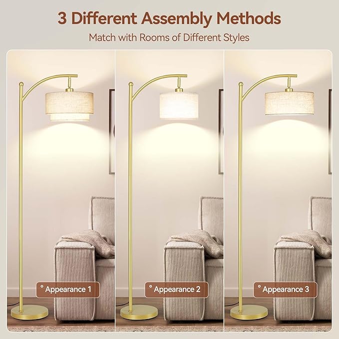 SUNMORY Floor Lamps for Living Room with 12W LED Bulb, Arc Floor Lamp with 3 Color Temperatures, Modern Floor Lamps with Adjustable Double Fabric Shades, Tall Standing Lamp for Bedroom, Corner