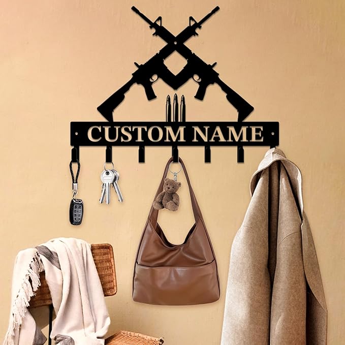 Personalized Custom Name Gun Wall Hooks,Metal Gun Room Art Clothes Hooks,Metal Gun Wall Home Storage Decorative,For Front Door, Hallway, Kitchen, Bedroom,Keys,Hats (Style J)