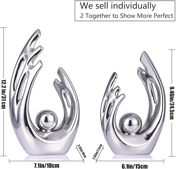LCCCK 9.5" H Silver Aesthetic Room Decor Accent, TV Stand Funky Table Centerpiece, Abstract Art Ceramic Statue and Sculpture, Silver Decor for Living Room, Bookshelf Decorative Objects, Shelf