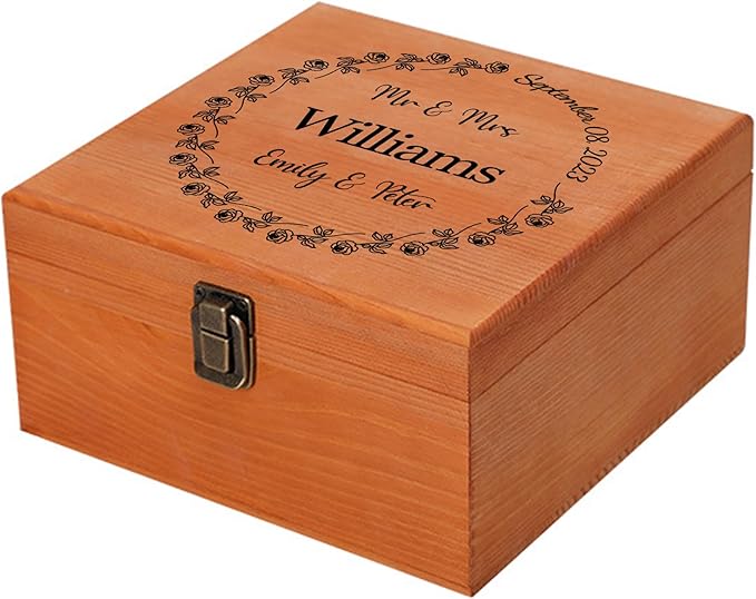 Personalized Wedding Keepsake Box Custom Name Date, Wooden Memory Box Wedding Gift Box for Couples Newlyweds - Customized Gifts for Bridal Shower Anniversary Engagement Christmas