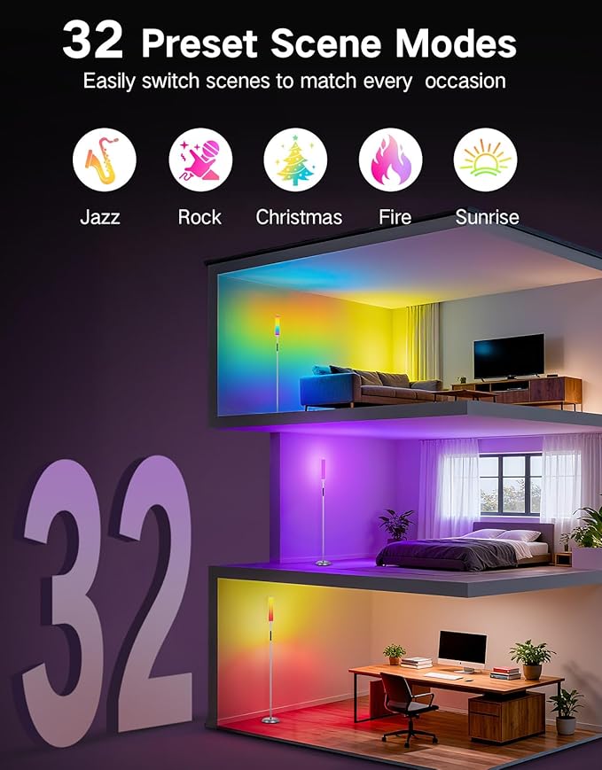 OUTON LED Floor Lamp with Remote & APP Control, 1500LM Ultra Bright Tall Standing Lamp, 16 Million Colors, 32 Scene Modes & Music Sync, Modern Corner Lamps for Living Room, Bedroom, Gaming, Grey