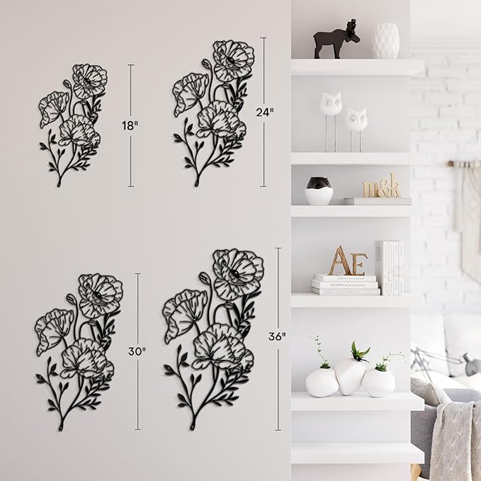 SIGNLEADER Metal Wall Art Decor Line flower Minimalist Modern Abstract Wall Sculpture Hangings Home Decoration for Living Room, Bedroom, Bathroom, Kitchen, Outdoor - 18" Black