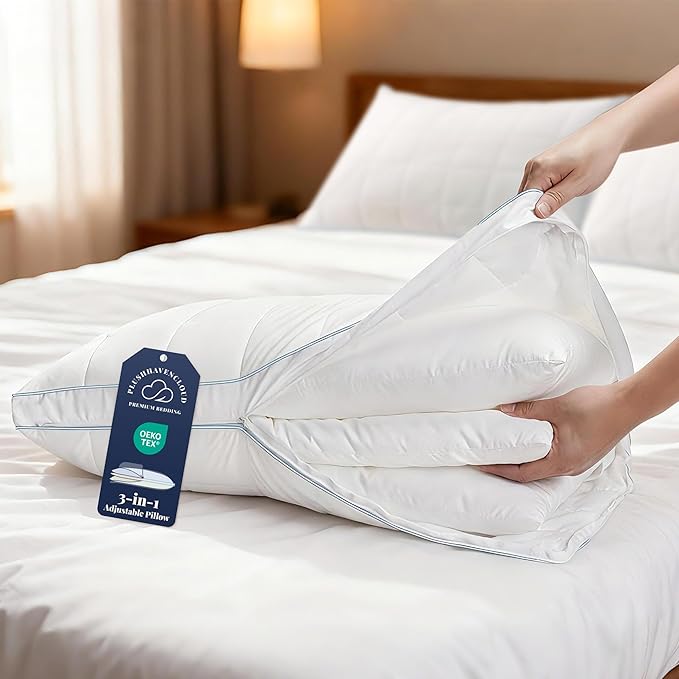 PlushHavenCloud 3-in-1 Adjustable Pillows Bed Pillow - Hotel Pillow King Size Pillow for Sleeping with 3 Removable Inserts, Assemblable Height & Soft Firm Pillows for Back, Stomach or Side Sleepers