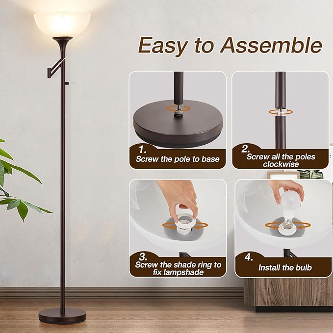 EJIAXIN Floor Lamps for Living Room Bronze, 71" Tall Standing Lamp with Glass Shade, Vintage Floor Lamp with 350°Adjustable Swing Arm Lamp, Pole lamp for Bedroom, Living Room, Office, Bulbs Included
