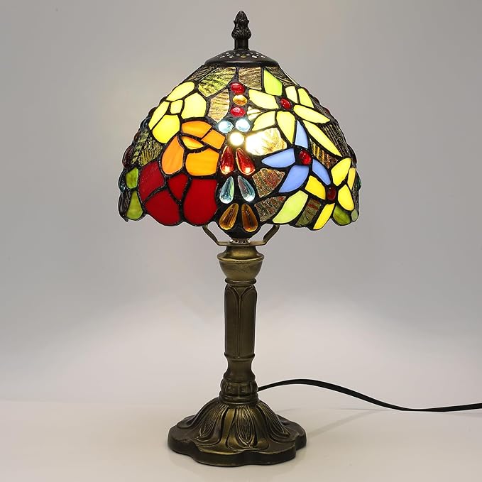 Tiffany Lamp Rose Flower Stained Glass Table Lamp,3 Color-Temperature Nightstand Bedside Home Office Desk Lamp Accent Lamp for Living Room,Bedroom,Hotel+LED Bulb,8X8X15 Inch