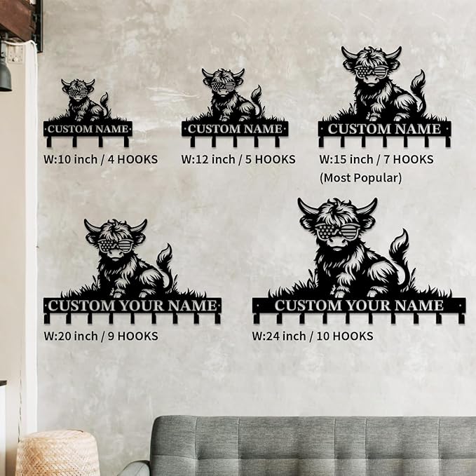 magilab Personalized Custom Highland Cow Wall Hooks,Metal Highland Cow Art Clothes Hooks,Metal Highland Cow Wall Home Storage Decorative,for Front Door, Hallway, Kitchen, Bedroom,Keys,Hats (Style F)