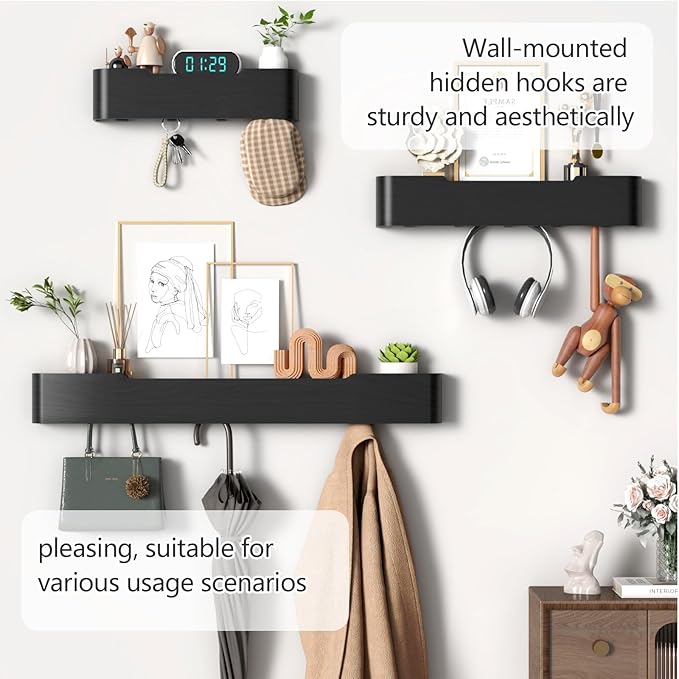 Coat Rack Wall Mount with Shelf 5 Hidden Hooks Modern Wooden Key Holder Entryway Organizer for Hallway Bedroom Bathroom Home Decor Storage for Hanging Coats Hats Bags Towels, Black