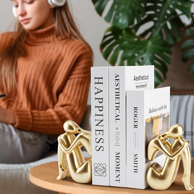Gold Decor Women Statue, Thinker Girl Sculptures, Modern Abstract Art Accents, Golden Resin Collectible Figurines for Living Room Bedroom Bookshelf Coffe Table, Resin, 1Piece