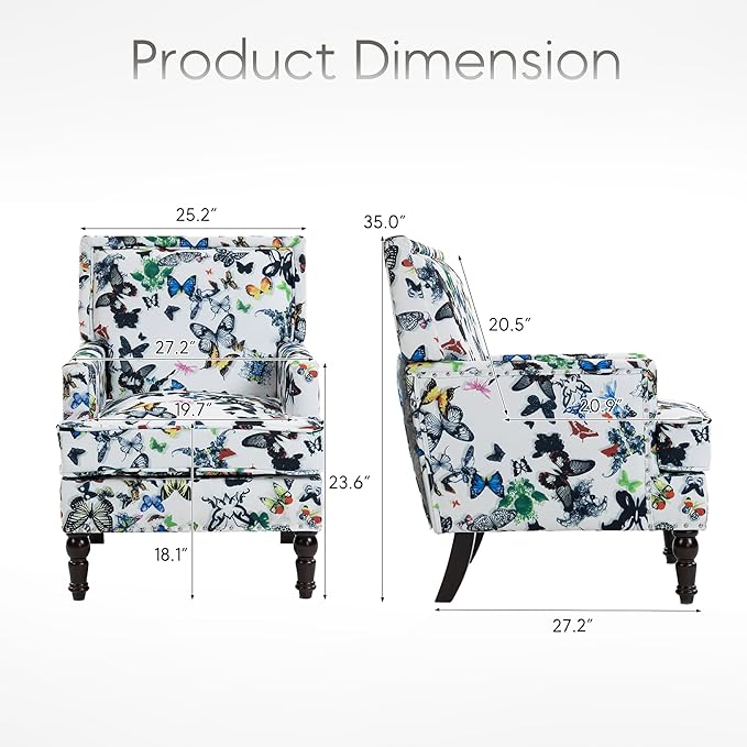 Yogald Vintage Accent Armchair, Mid Century Corner Chair with Nail-Head Trim, Comfy Upholstered Reading Chair, Mediterranean Chair for Living Room Bedroom Guest Room(Butterflies)