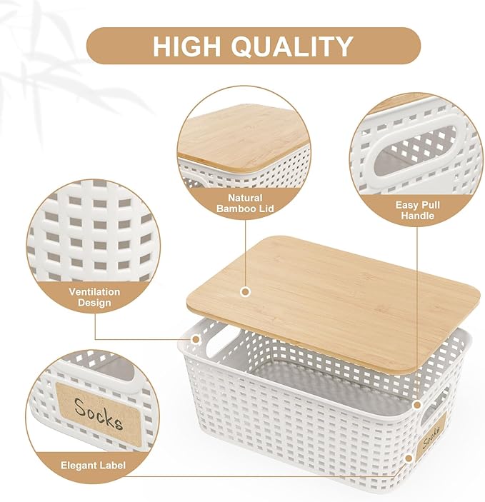 Plastic Storage Bins with Bamboo Lid - Stackable Pantry Storage Organizer with Lid - Storage Basket with Lable for Organizing: Small Storage Box for Shelves Cabinet Office Drawer Desktop 10x7x4in 6Pcs