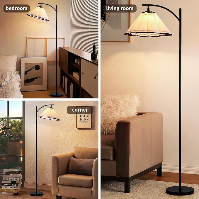 Omlaamy Floor Lamp with Pleated Linen Lampshade, Modern Flower Floor Lamp for Living Room Arc Standing Lamp, Gold Tall Lamp for Bedroom Office Dining Room, Bulb Included (Black + Black, 66.14IN)
