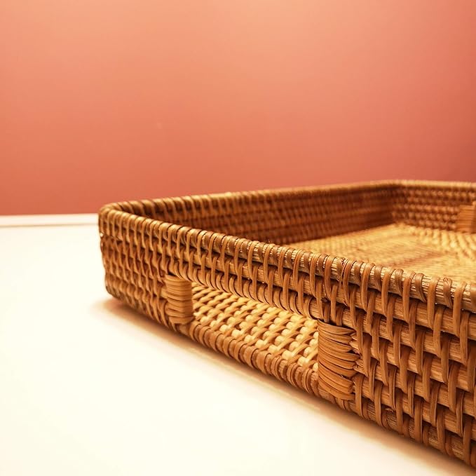 i-lan 17 Inch Oversize Handmade Rectangular Serving Trays with Cutout Handles and 2.3” Wall,Decorative Rattan Woven Storage Baskets Organizer Plate Tray for Bread,Fruits,Catch All Dish,XL,Brown