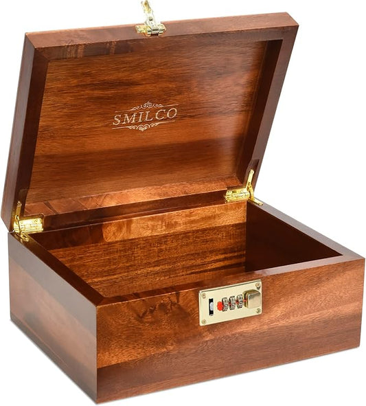 Smilco Wooden Storage Box with Hinged Lid Acacia Wood Hand-Crafted Wooden Box for Recipes Decorative Storage or as Keepsake