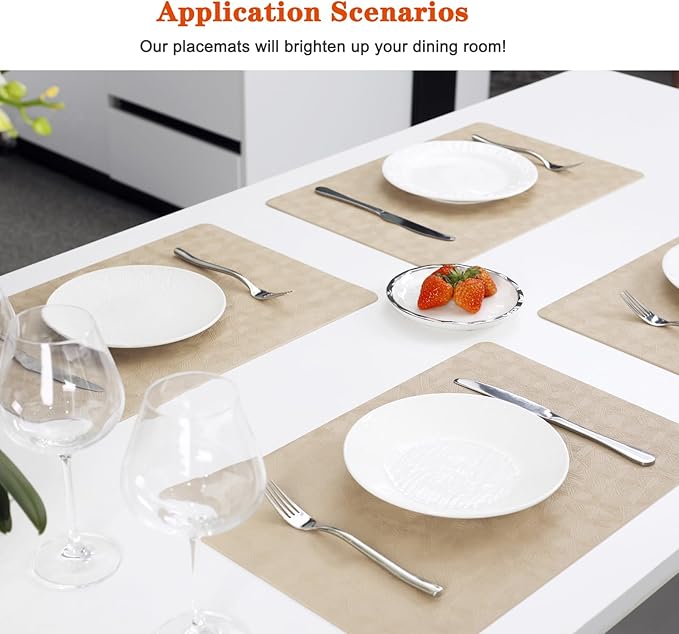 Vinyl Placemats Set of 4 Heat Resistant Easy Clean Non-Slip Place Mats for Dining Table Faux Leather Waterproof Stain Resistant Wipeable Washable PVC Table Mats(4, Beige)