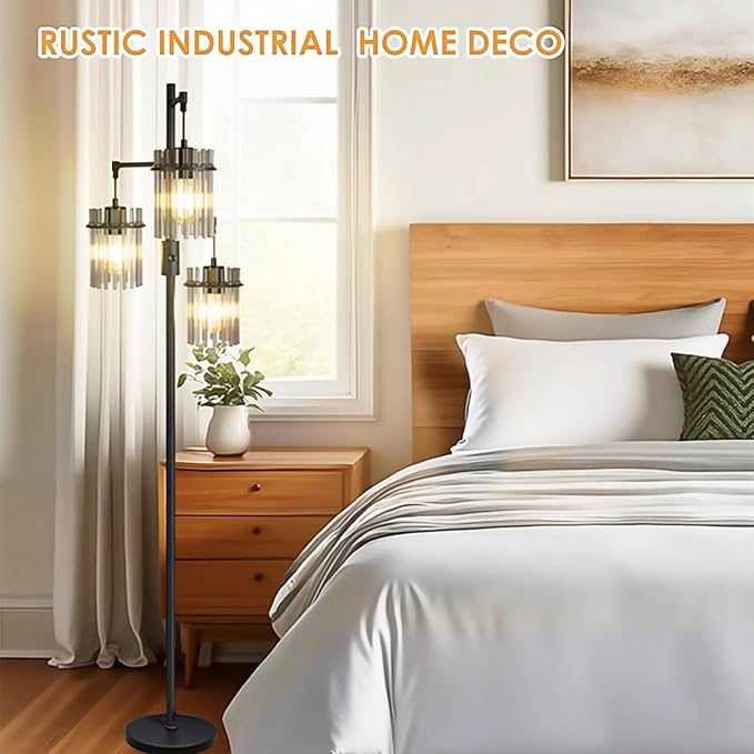 VOUTOORO Industrial Modern Floor Lamps for Living Room, Dimmable Glass Tree Standing Tall Lamps with 3 Elegant Teardrop Cage Head & 1200 Lumens LED Bulbs for Bedroom Office (66inch Tall)