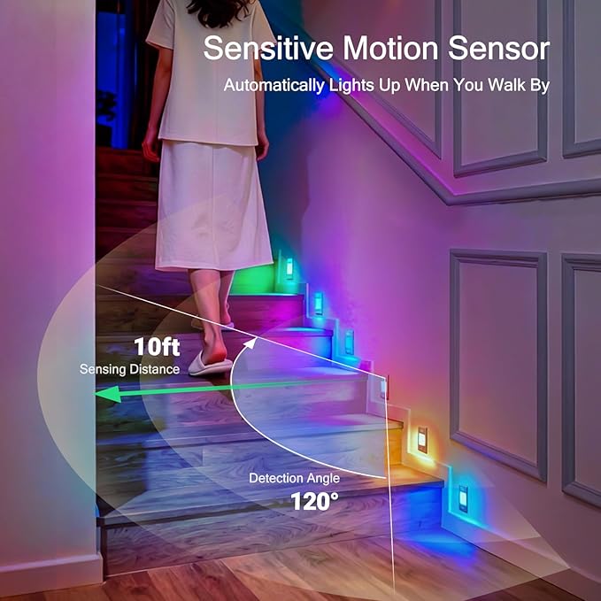V4light RGB Motion Sensor Night Light, 6-Color Rechargeable Stair Lights, Magnetic Stick-On LED Bookshelf Light with Auto-Off, Touch Control, for Hallway, Stairs, Display Cabinet (6-Pack)