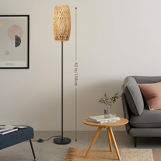 Floor Lamp for Living Room,Farmhouse Floor lamp,Modern Standing lamp with Hand-Worked Rattan Shade (Drum Shade-with Remote)