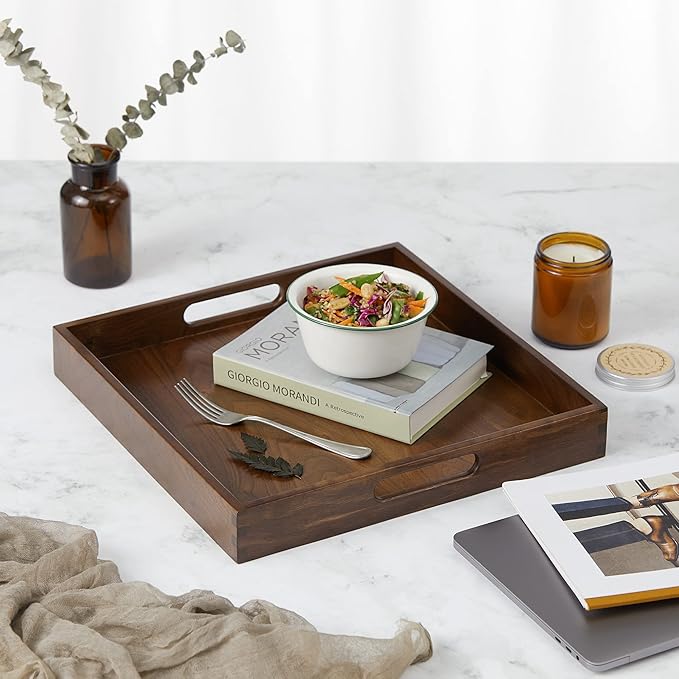 14 x 14 inches Large Square Ottoman Tray Solid Wooden Black Walnut Table Platter Decorative Serving Tray with Handle for Oversized Ottoman Home Breakfast in Bed Tea Coffee