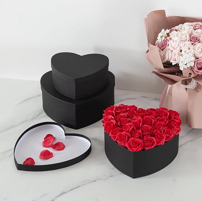 Soul & Lane Heart Shaped Gift Boxes: Set of 3 Empty Paper Mache Boxes with Lids for Flowers, Gifts, Chocolate Strawberries & Special Occasions, Cardboard Black Heart Shaped Box for Arrangements