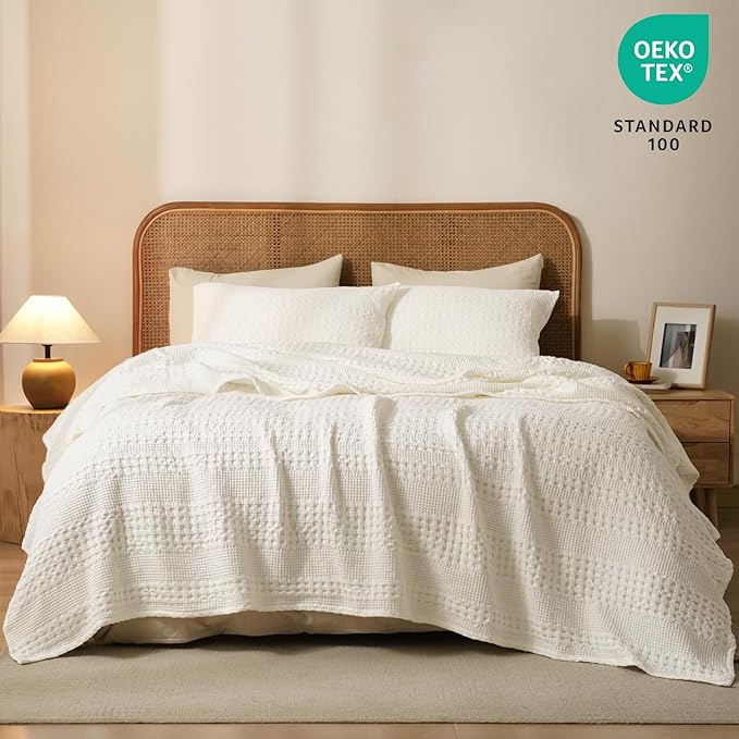 PHF 100% Cotton Waffle Weave Blanket Twin Size for Bed, Soft Lightweight & Breathable, All-Season Comfort, 300 GSM Luxury Aesthetic Blanket for Home Decor, 66"x90", Ivory