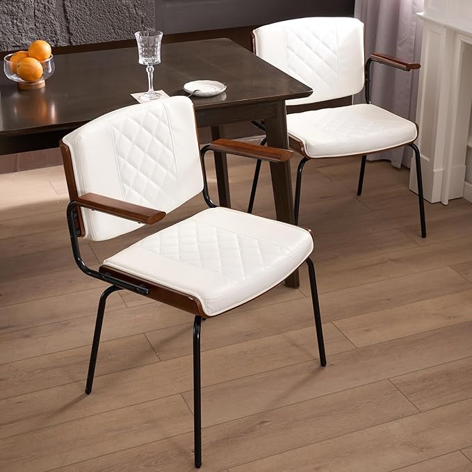 iMenting Upholstered Dining Chair with Arms Modern Kitchen & Dining Room Chair Set 2 Leather Dining Chair for Dining Table Leather Chair Set of 2 for Kitchen Living Room, White with Black Leg