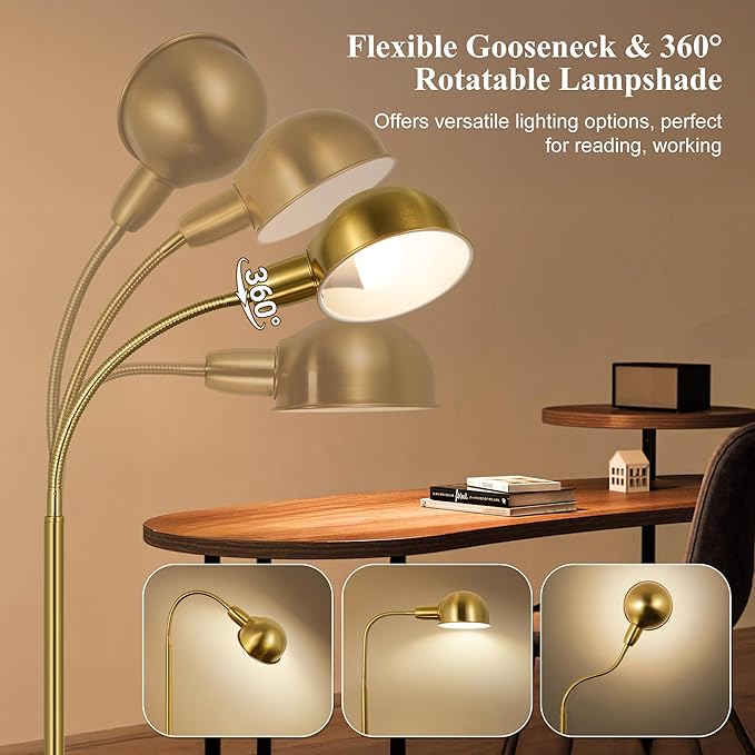 LANICHO Floor Lamp for Living Room, 63" Standing Lamp with Adjustable Gooseneck, 3 Color Temperatures, Industrial Gold Floor Lamp Reading for Bedroom, Office, 9W LED Bulb