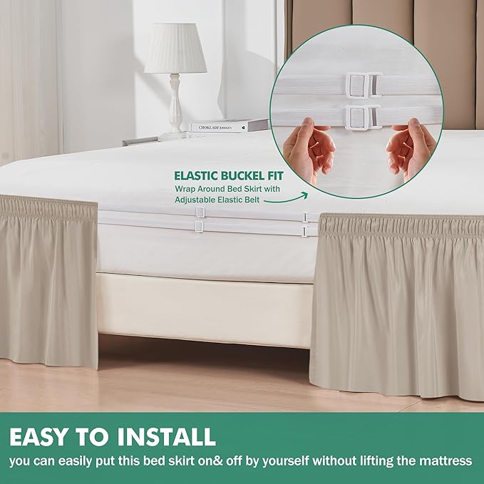 Biscaynebay Wrap Around Bed Skirts with Split Corners for King Beds 17" Drop, Light Camel Elastic Dust Ruffles Easy Fit Wrinkle & Fade Resistant Silky Luxurious Fabric Solid Machine Washable