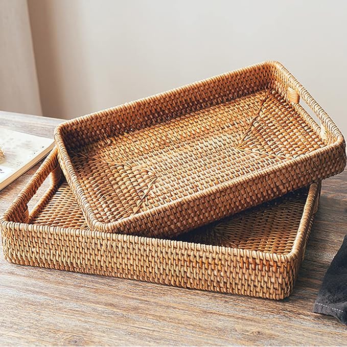 i-lan 2 Pack Natural Rattan Serving Trays with Handles – Handwoven Rectangular Wicker Baskets for Food, Bread, Fruit | Decorative Storage & Table Organizer with 2-Inch Wall (Small + Large)