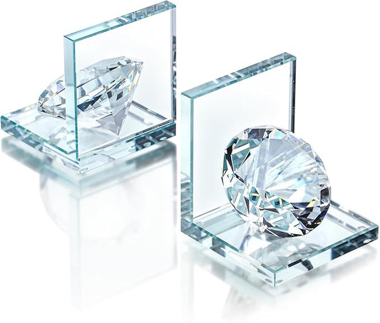 1 Pair Crystal Bookends with 80mm Clear Diamond, L Shaped Heavy Duty Book End for Shelves Non Skid Bookends Book Stopper, 4inch