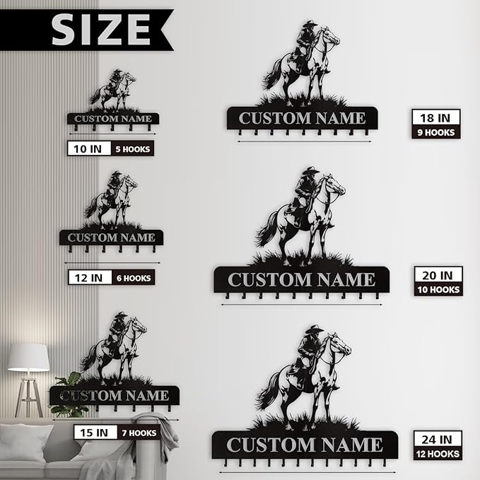 Personalized Cowboy Coat Hooks, Cowboys Horse Key Holder Wall Mount, Clothes Cowboy Hat Rack and Backpack Hanger, Western Wall Decor, Metal Key Rack Organizer for Living Room Bedroom Color01