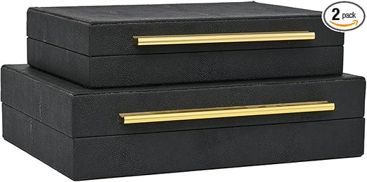 Faux Shagreen Leather Jewelry Boxes Set of 2 with Gold Handles, Decorative Organizer Storage Box for Rings, Earrings, Watches, Dresser, Vanity, Stackable, Black