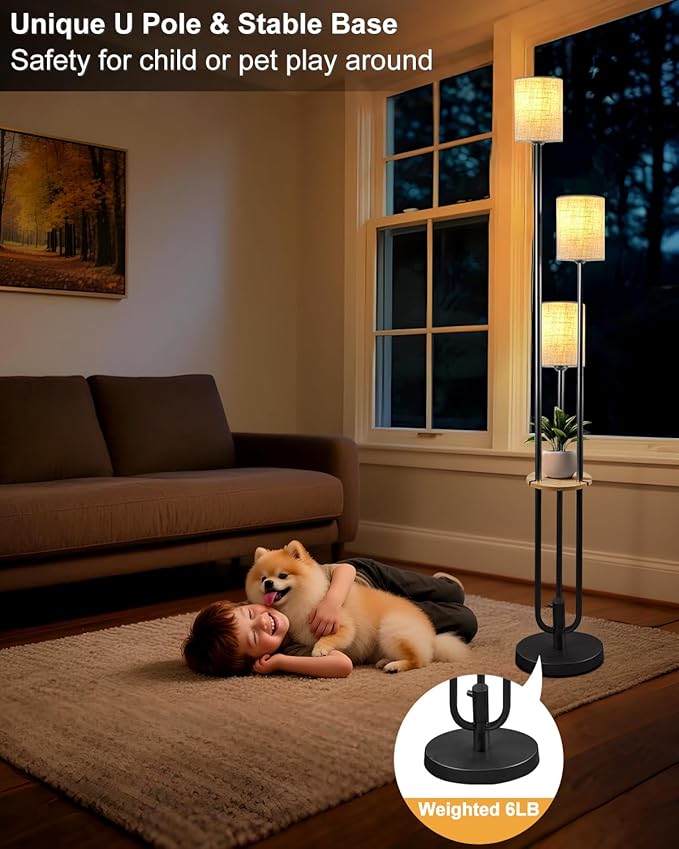 ACOHOOK 63IN Dimmable Floor Lamp with Shelf, Unique Black Tall Standing Lamps with Table, 3000K Warmwhite Mid Century Modern Floor Lamp for Living Room/Bedroom (Bulbs Included)