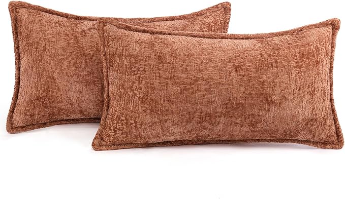 DEZENE Pack of 2 Burnt Orange Fall Decorative Throw Pillow Covers 12x20 Cozy Soft Chenille Accent Vintage Rectangular Lumbar Couch Pillow Covers for Home Decor Bed Sofa Living Room