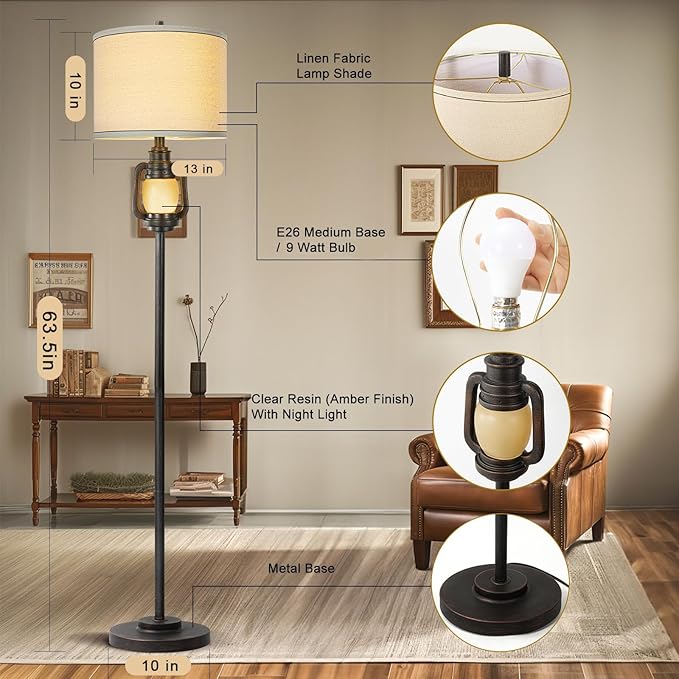 LuxSight Collection Floor Lamp for Living Room Vintage Standing Lamp with Linen Fabric Hardback Shade Industrial Tall Lamp with Night Light Decor for Living Room, Bedroom,Study, Home Office
