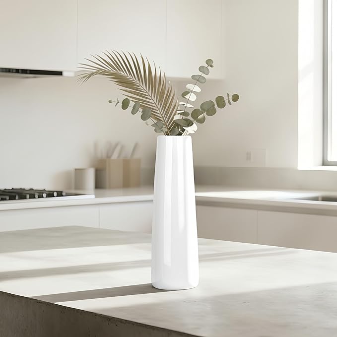 12 Inch White Vase Ceramic Flower Vase, Tall Vases for Pampas Grass, Home Decor, Modern Textured Vases for Living Room Decorations,Table Centerpieces,Shelf,Farmhouse Small Ceramic Vase