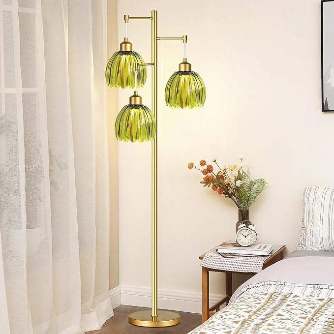 WLQCWL Vintage Floor Lamps for Living Room-3 Light Gold Floor Lamp with Three Bulbs & Glass Lampshape,Glass Mid Century Modern Standing Lamp Tree Tall Flower Floor Lamp for Bedroom Living Room,Corner