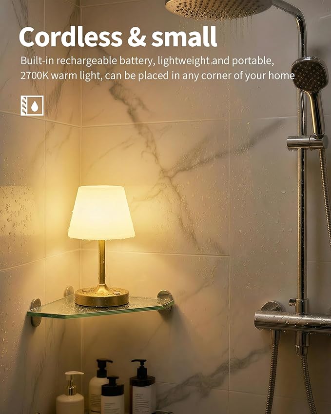 PUSU Cordless LED Gold Small Table Lamp, Waterproof Shower Light with 4000mAh Battery, Portable Rechargeable Touch Dimming Night Light for Bathroom, Outdoor Camping, Kitchen, Patio, Restaurant